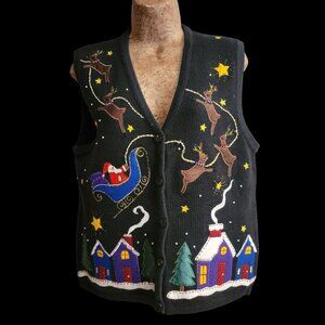 Vintage ugly Christmas Sweater Vest With Santa Sleigh & Reindeer Embroidery Blac